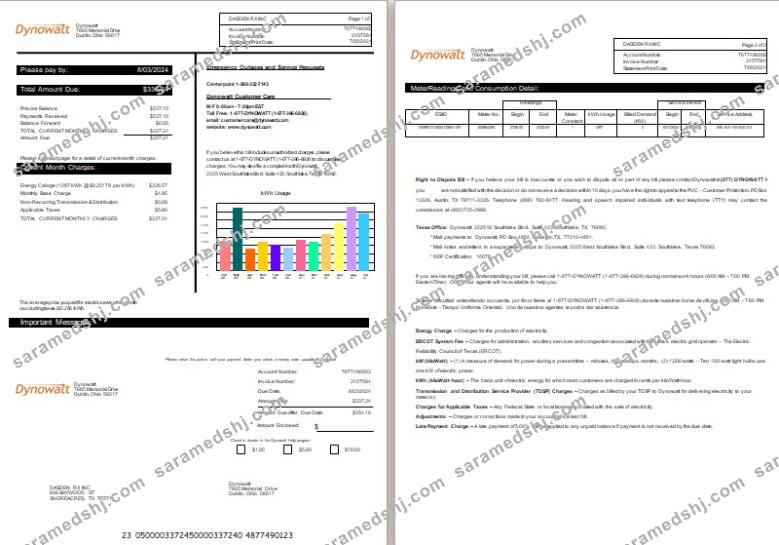 New York Dynowatt electricity business utility bill Word and PDF formats, 2 pages